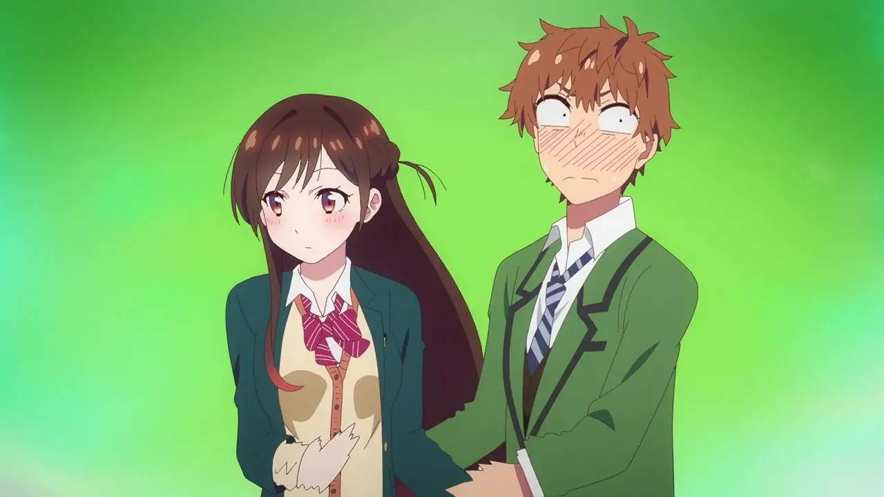 Chizuru and Kazuya on their school uniform date holding hands