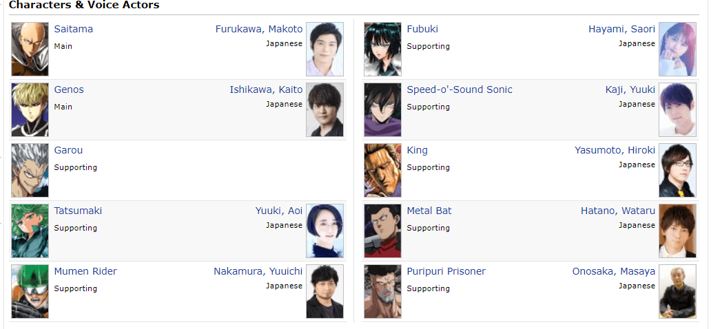 One Punch Man Cast and Voice Artists